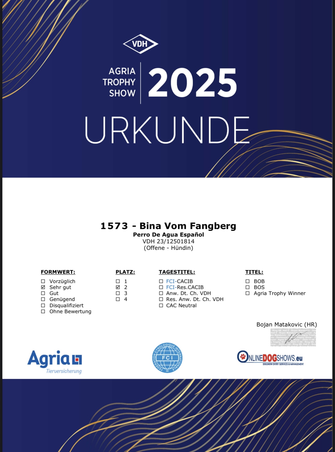VDH Agria Trophy Show 2025 Urkunde – Bina vom Fangberg, sehr gut, Platz 2