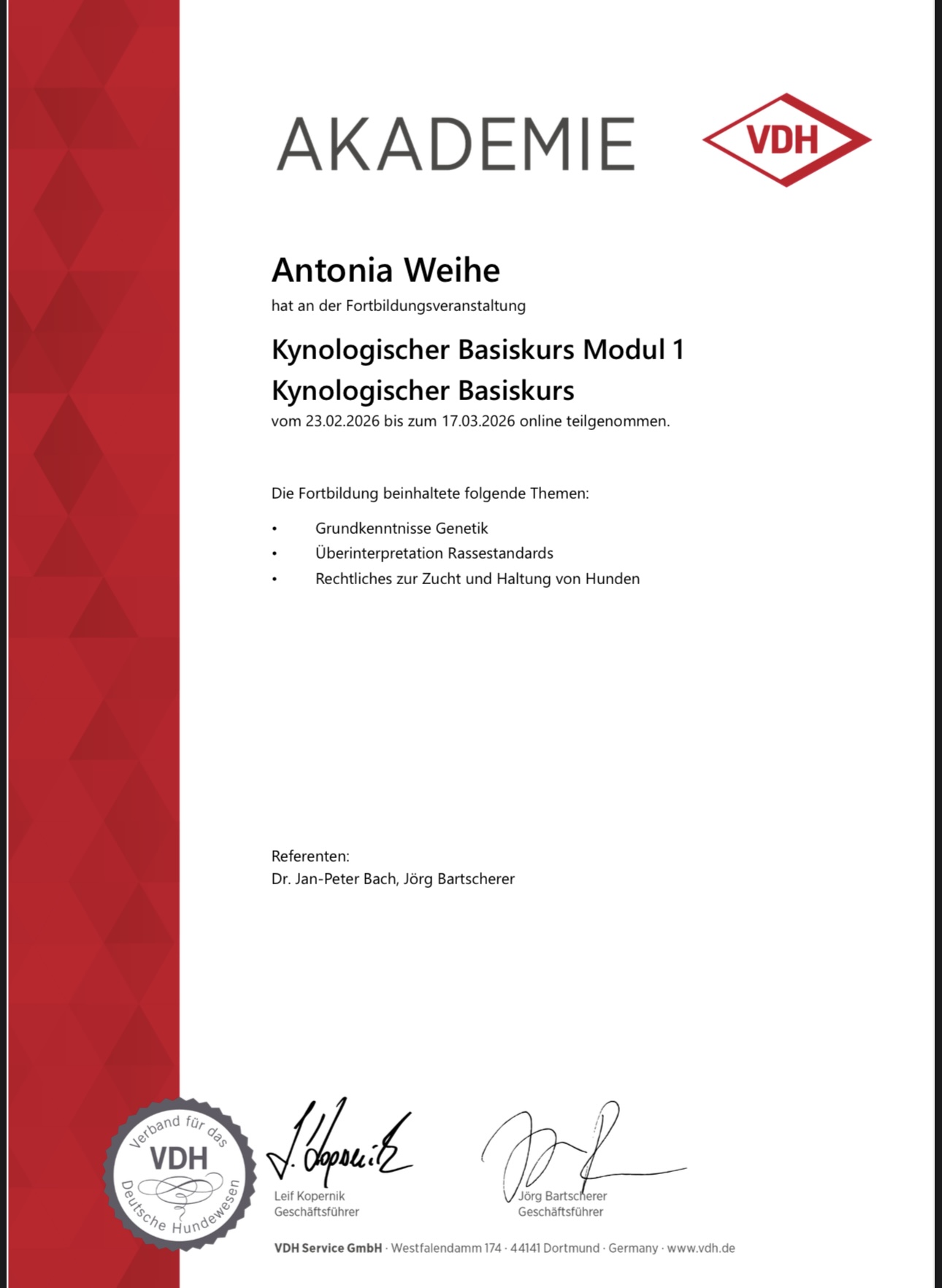 VDH-Akademie Zertifikat – Kynologischer Basiskurs Modul 1: Genetik, Rassestandards, Recht