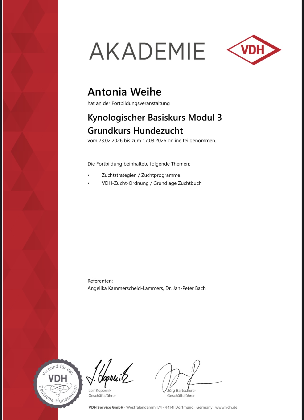 VDH-Akademie Zertifikat – Kynologischer Basiskurs Modul 3: Grundkurs Hundezucht, Zuchtstrategien, VDH-Zucht-Ordnung
