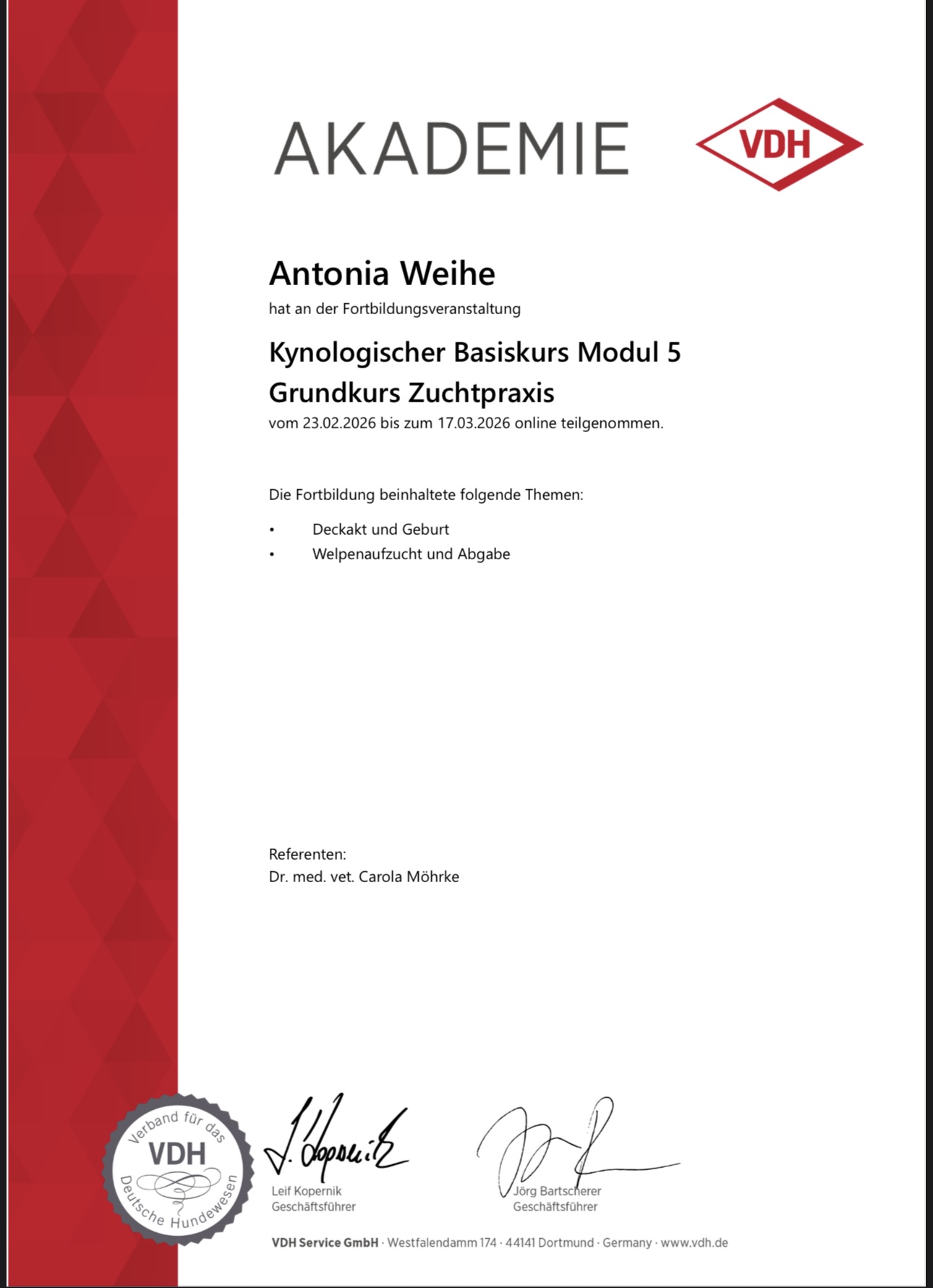 VDH-Akademie Zertifikat – Kynologischer Basiskurs Modul 5: Grundkurs Zuchtpraxis, Deckakt, Geburt, Welpenaufzucht